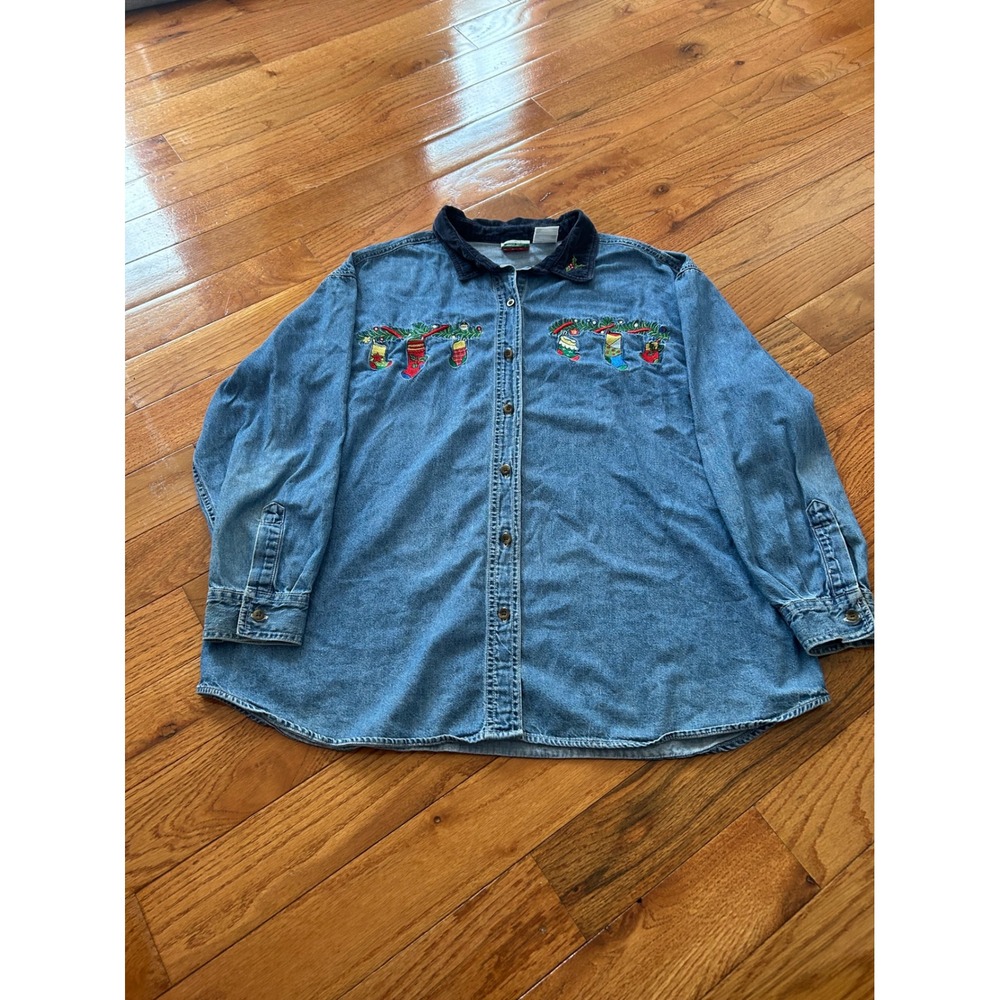 Vintage NutCracker Plus Size Christmas Denim Shirt Stocking Embroidery 18W